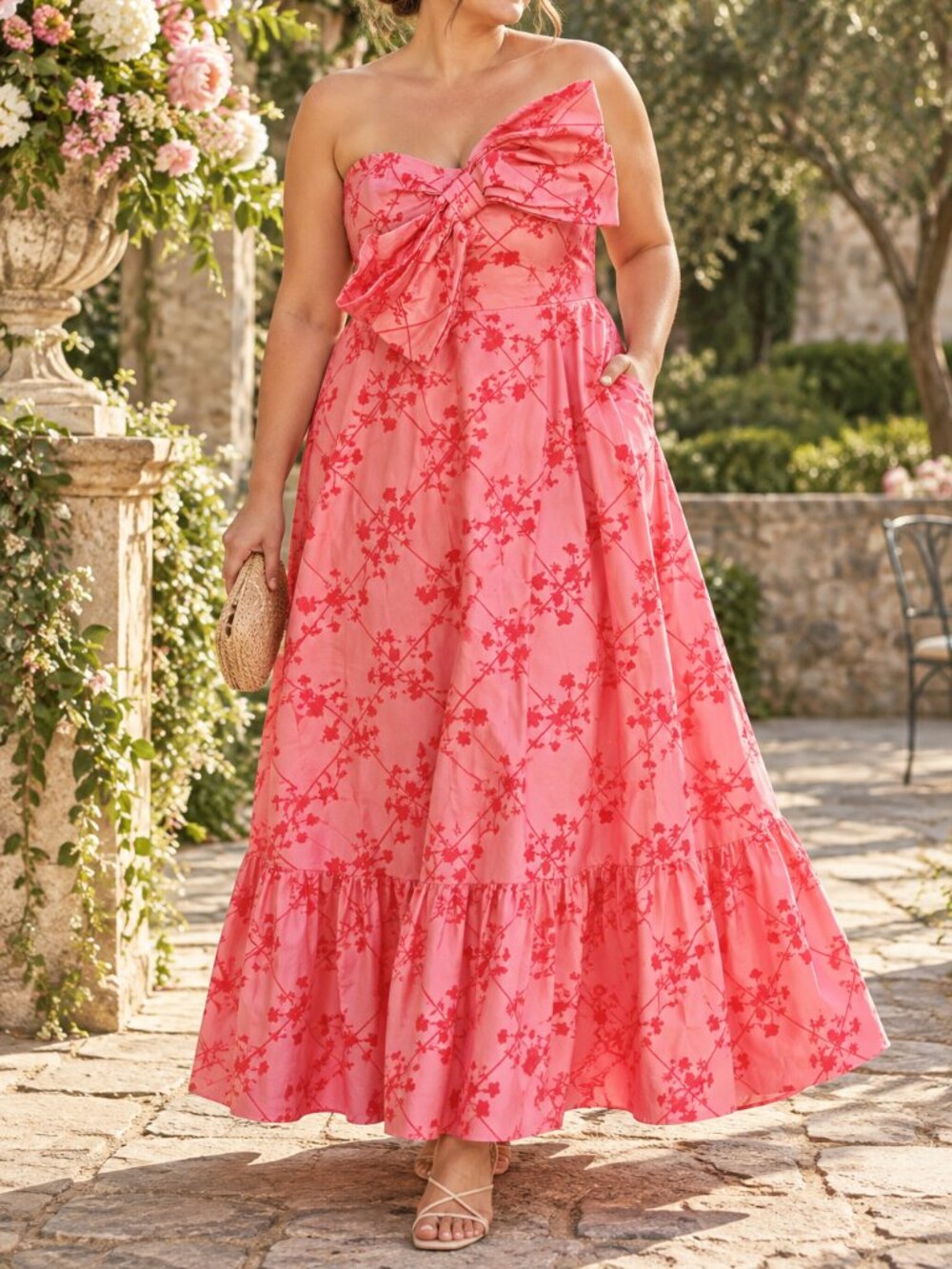 Hutch Anthropologie Bow Tie Floral Strapless Maxi Dress Pink Red 16